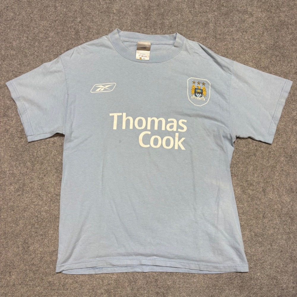 Vintage Reebok Manchester City FC Thomas Cook T-Shirt Mens M Sky Blue Soccer Tee